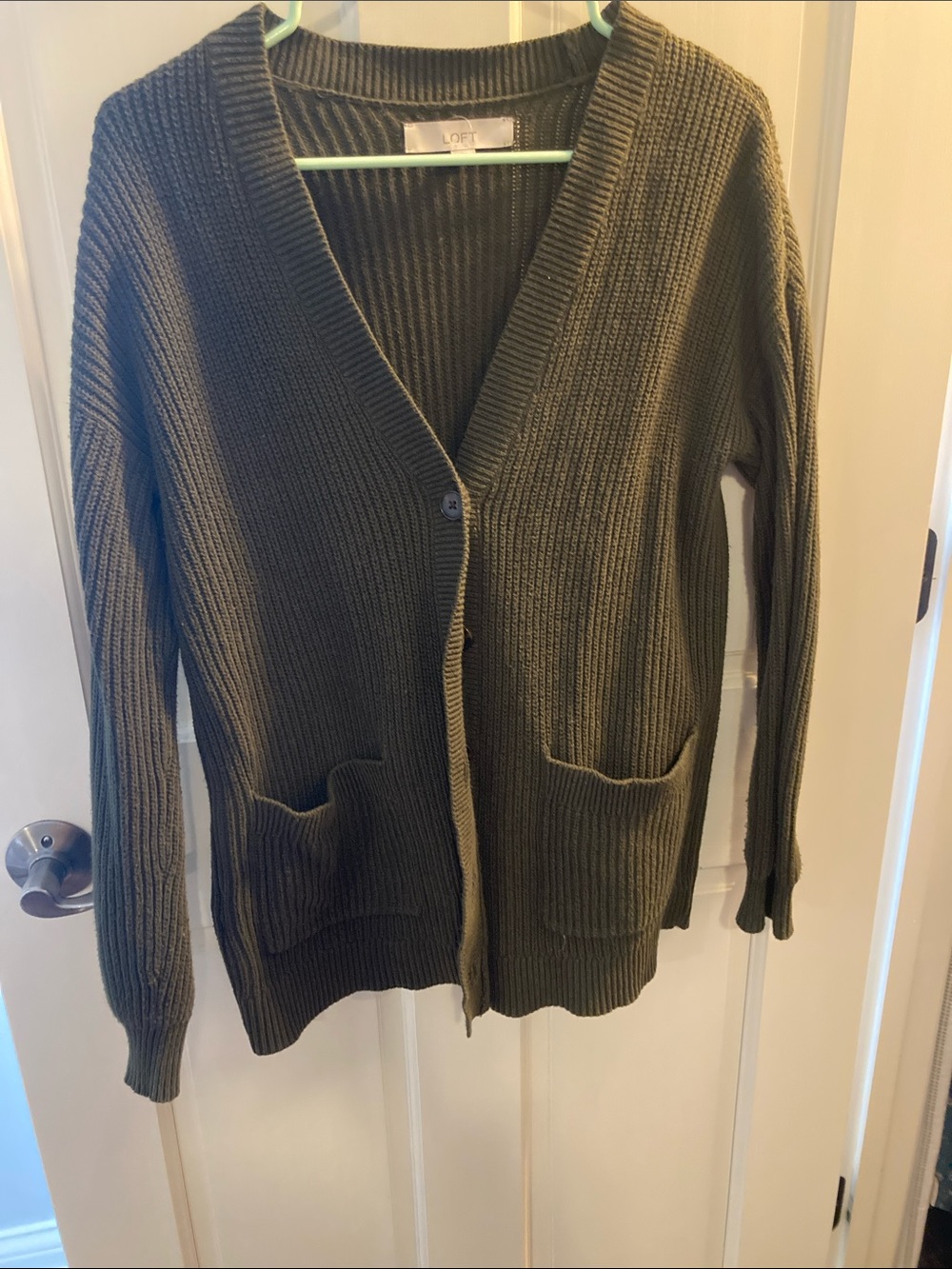 LOFT Olive Green Ribbed V-Neck Button Cardigan
